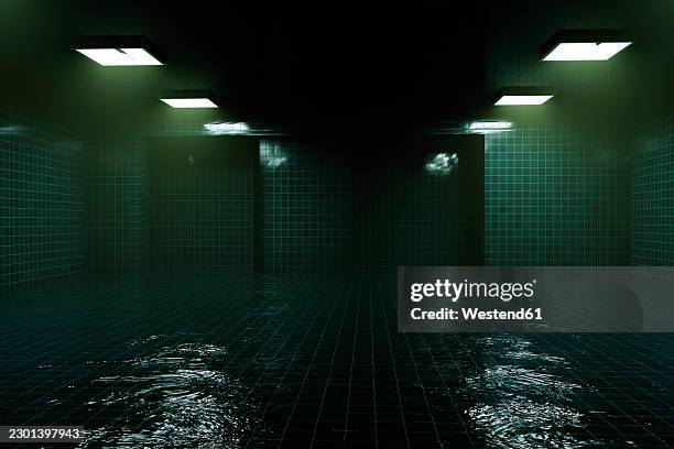 a dark futuristic tiled interior features reflective water and walls - pool reflection stock illustrations