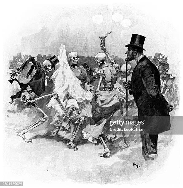 a man observes skeletons dancing in formal attire - man dancing funny stock illustrations