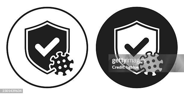 virus protection approved. round icon - black and white circle button - bacteria cell stock illustrations