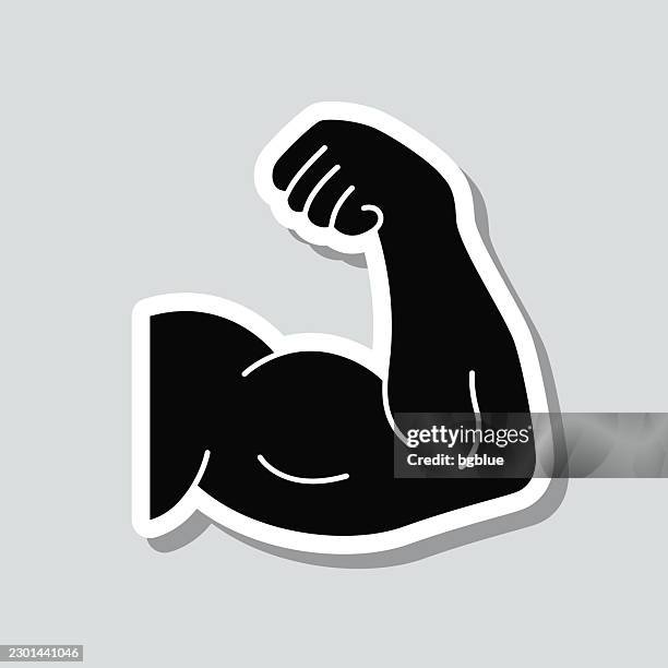 muscular arm. icon sticker on gray background - shoulder exercise stock illustrations
