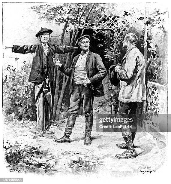 three men in conversation in a garden setting - trellis stock illustrations