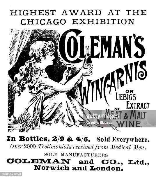 coleman's wincarnis advertisement with chicago exhibition award - malt stock illustrations