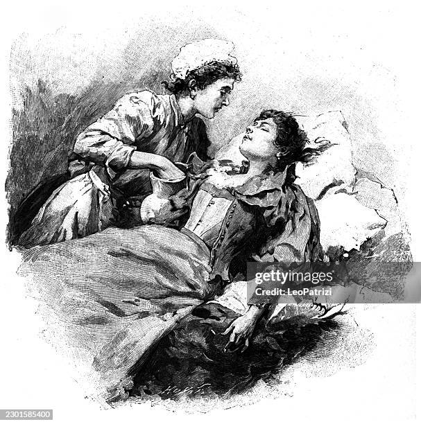 a woman receiving care while lying in bed - two nurses stock illustrations
