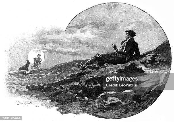 a man contemplating a distant companion amidst a vast sky - man thinking outside stock illustrations