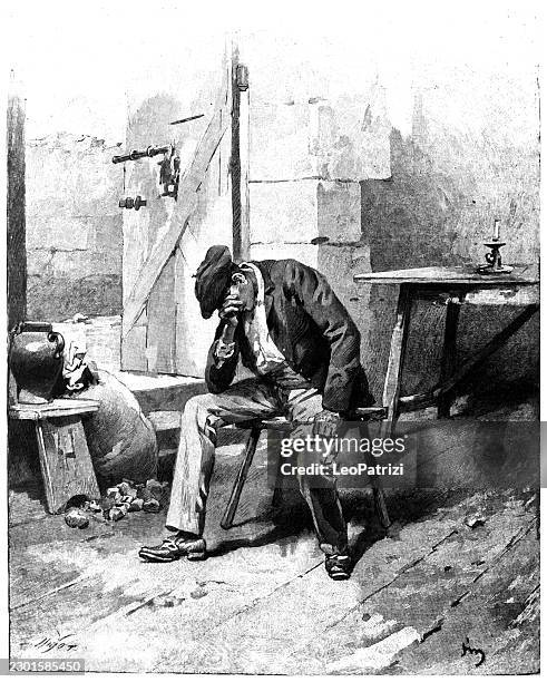 a man in contemplation in a rustic interior - rustic door stock illustrations
