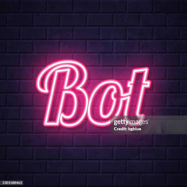 bot - glowing neon text on brick wall background - chat bot logo stock illustrations