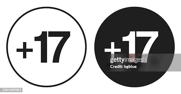 plus seventeen, +17. round icon - black and white circle button - simple algebra stock illustrations