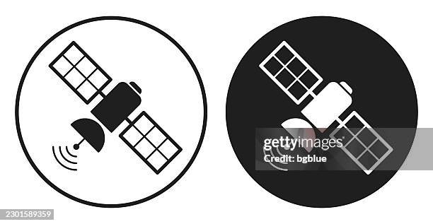 satellite. round icon - black and white circle button - earth planet stock illustrations