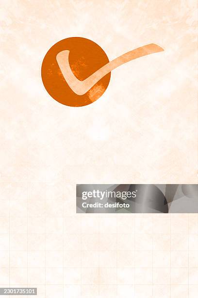 one tick check mark in a circle over simple blank empty smudged blotched textured faded marbled textured light brown fawn beige color old weathered vertical vector background in fading color - bullet points stock illustrations