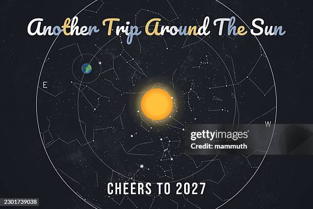 solar system constellation chart for new year celebration, earth orbiting bright sun 2027 - orion constellation stock illustrations