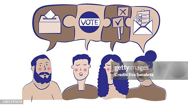 people talking about voting with puzzle-shaped speech bubbles - primary election stock illustrations