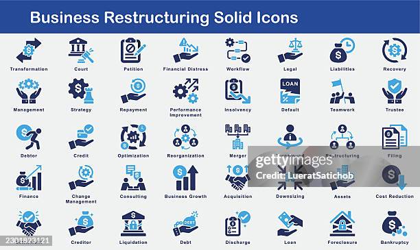business restructuring solid icons – merger, acquisition, consulting, cost reduction, transformation, strategy and management vector icon set - reduce time stock illustrations