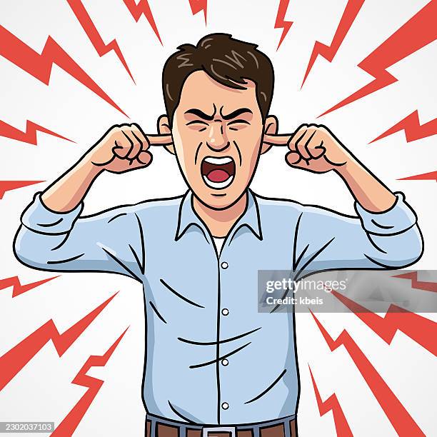a stressed and angry man screaming and covering his ears from loud noise - ear pressure pose stock illustrations