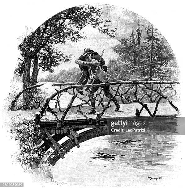 two men crossing a wooden bridge in a forest - arch bridge stock illustrations