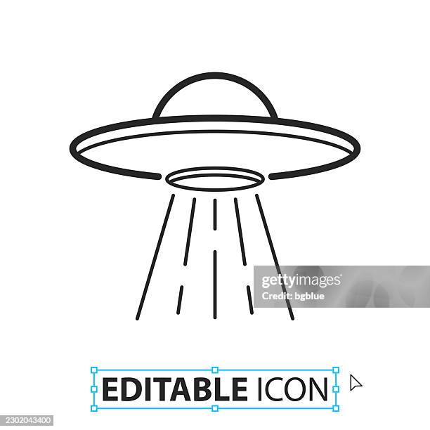 ufo - flying saucer with light beam - line editable icon on white background - space shuttle white background stock illustrations