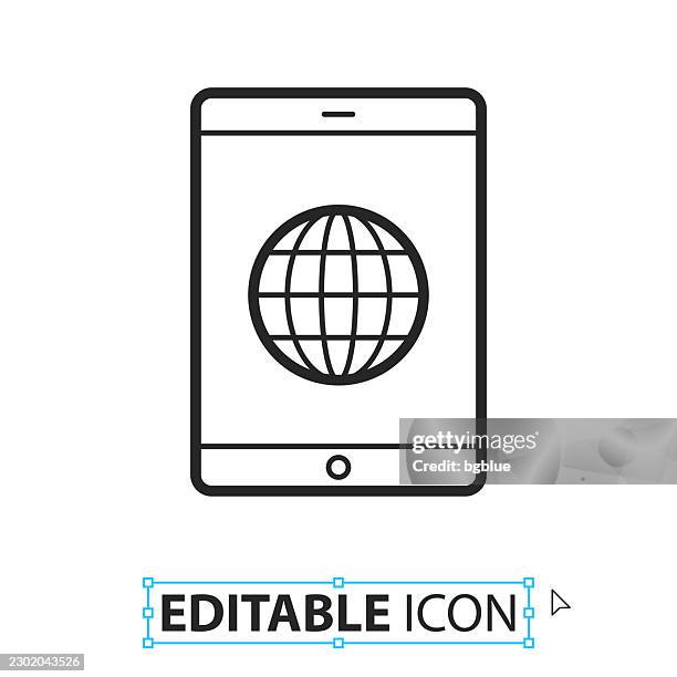 tablet pc with globe - line editable icon on white background - earth planet stock illustrations