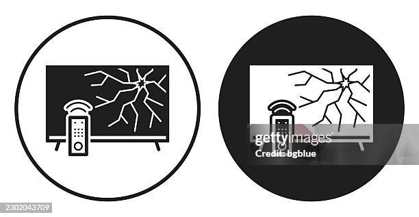 tv with broken screen. round icon - black and white circle button - crushed watch stock illustrations