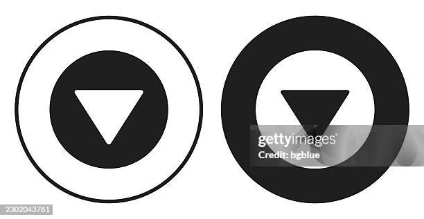 down button. round icon - black and white circle button - pointing down white background stock illustrations