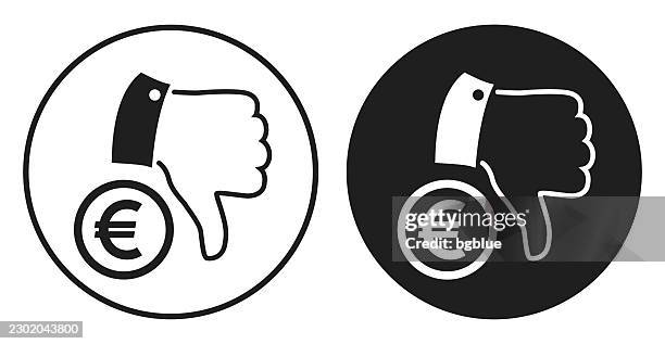 euro coin with thumbs down. round icon - black and white circle button - thumbs down white background stock illustrations