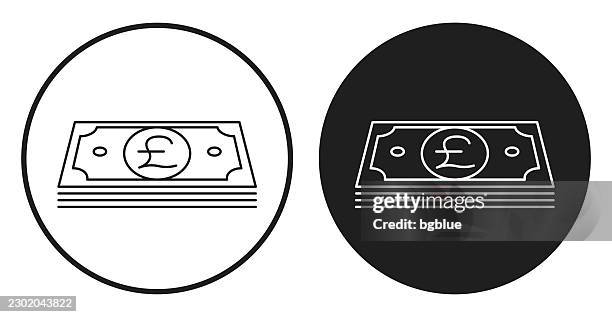 pound banknotes. round icon - black and white circle button - pound notes stock illustrations