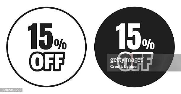 15 percent off (15% off). round icon - black and white circle button - lower stock illustrations