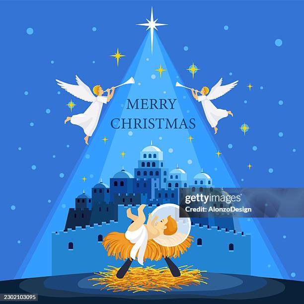 merry christmas nativity vector banner with baby jesus angels and bethlehem skyline - skyline stock illustrations