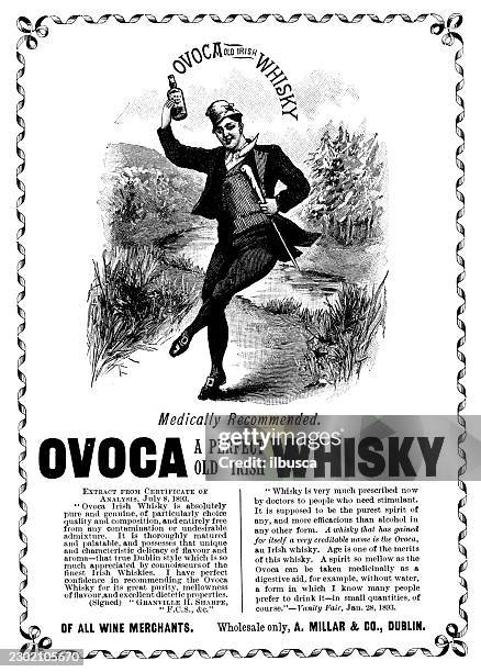ovoca old irish whisky advertisement - distilled spirits stock illustrations