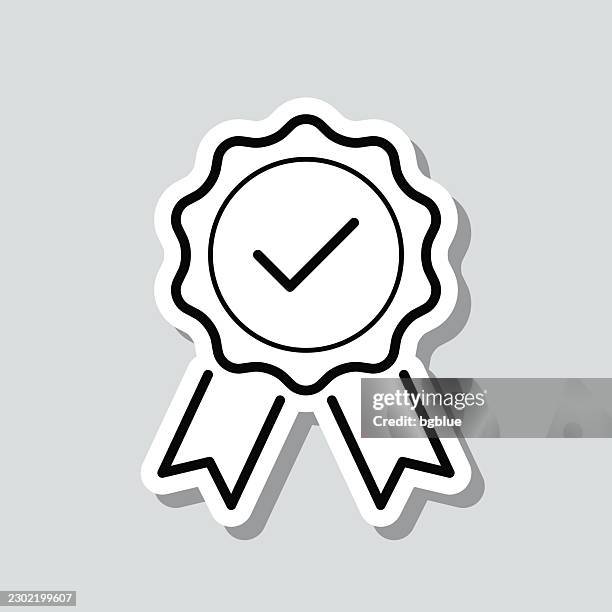 check mark medal. icon sticker on gray background - trophy plaque stock illustrations