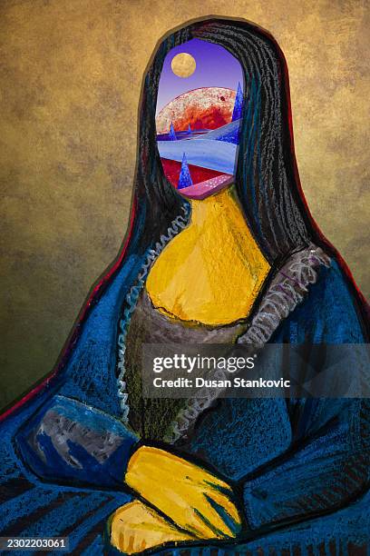 mona lisa reimagined: celestial oasis - mona lisa stock illustrations