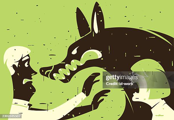 woman beside wolf blaming man - harassment complaint stock illustrations