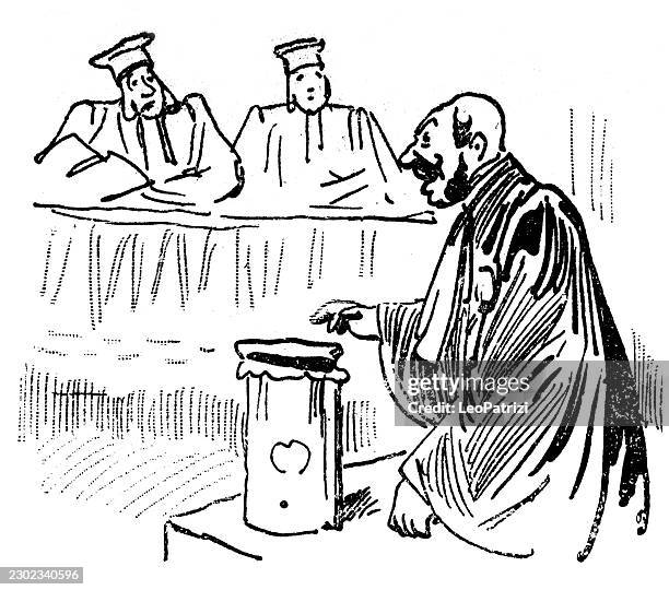 a man deposits a heart-shaped object into a box before two judges - judges table stock illustrations