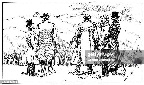 five men in formal wear standing on a mountain ridge - man thinking outside stock illustrations