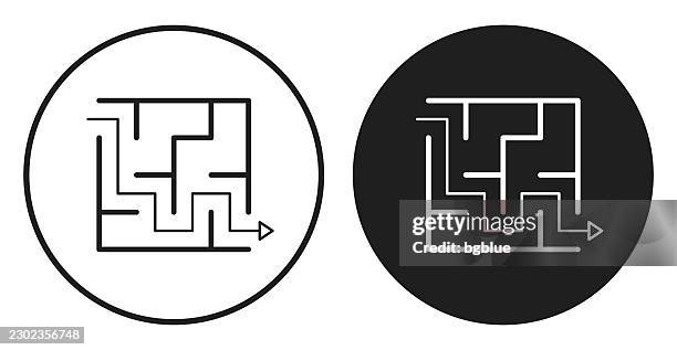 maze with exit. round icon - black and white circle button - path icon thin line stock illustrations