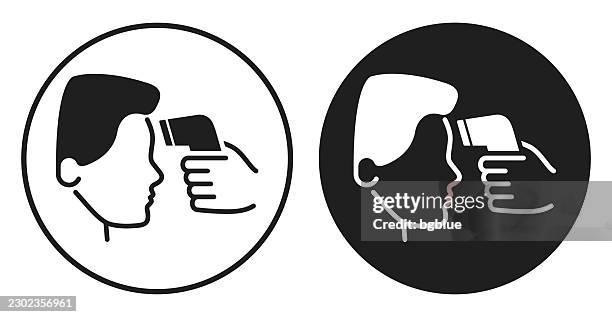 body temperature check. round icon - black and white circle button - forehead thermometer stock illustrations