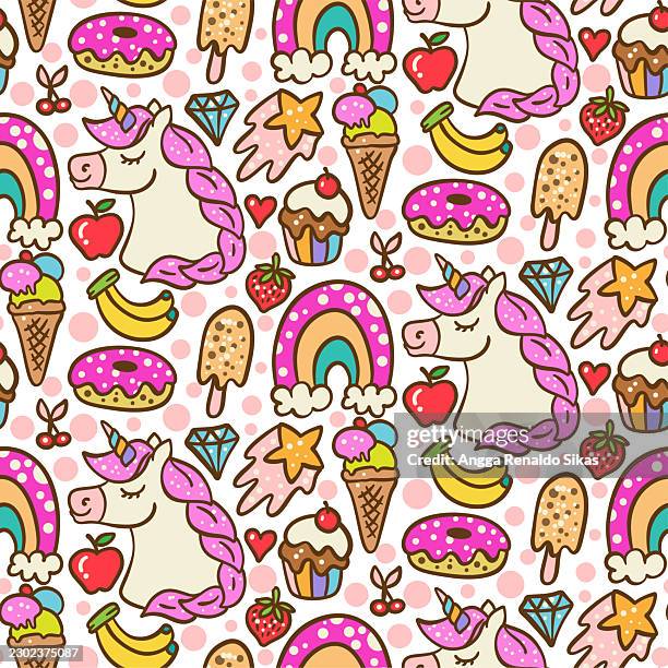seamless hand-drawn unicorn rainbow and assorted pastries pattern in pastel palette for children party fabric and stationery design, repeating cute doodle background - rainbow glitter background stock illustrations