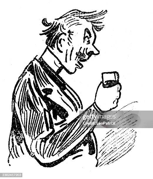 man holding a wineglass in profile view - drinking wine alone stock illustrations