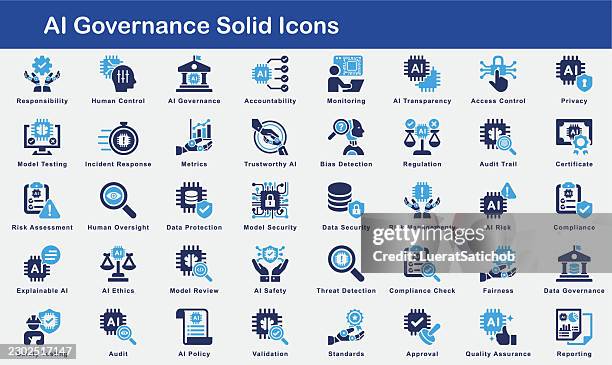 ai governance solid icons – artificial intelligence ethics, risk management, data privacy, security, compliance, auditing and responsible ai vector icon set - verify code stock illustrations