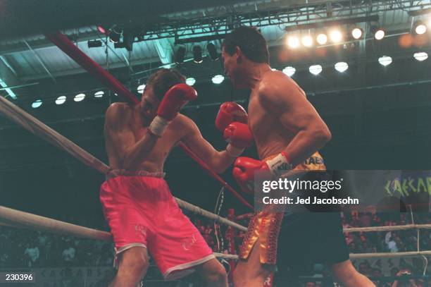 Professional boxer Julio Cesar Chavez leans in to his opponent Scott Walker as he prepares to throw an upper cut during the bout at Caesar''s Palace...