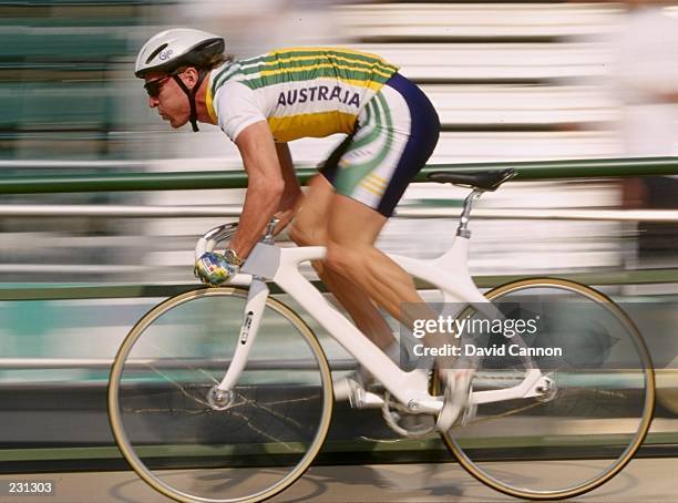 Gary Neiwand of Australia in action during the mens individual pursuit qualifiers at the Stone Mountain Velodrome at the 1996 Centennial Olympic...