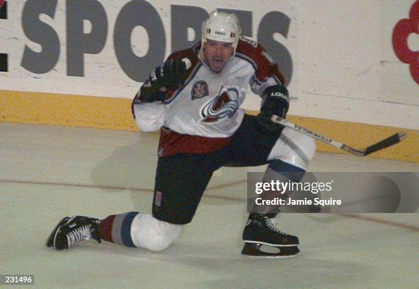 Defenseman Uwe Krupp of the Colorado Avalanche celebrates after scoring the team''s third goal against the Florida Panthers in the second period of...