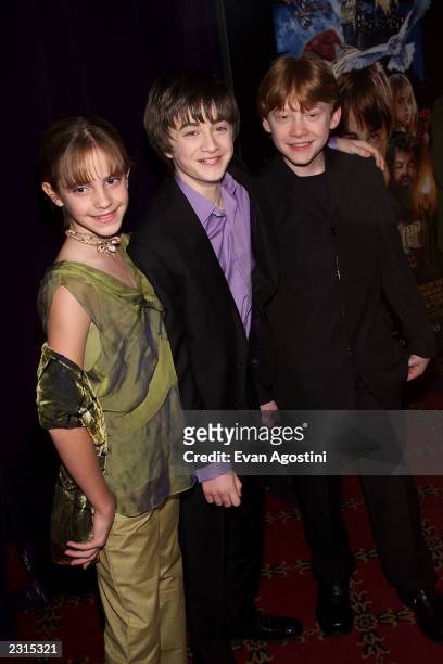 Cast members Emma Watson, Daniel Radcliffe and Rupert Grint at the N.Y. Premiere of "Harry Potter and the Sorcerer's Stone" at the Ziegfeld Theatre...