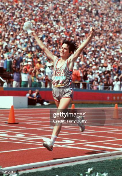 Joan Benoit wins the first women''s Olympic marathon during the 1984 Olympics at the Los Angeles Memorial Coliseum in Los Angeles, California....