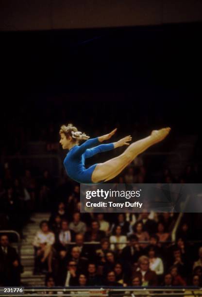 Gymnast Olga Korbut from the Soviet Union performs during the 1973 European Women's Artistic Gymnastics Championships at Earl's Court in London,...