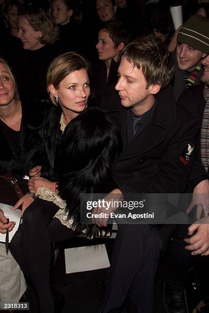 Model Kate Moss with boyfriend Jefferson Hack attending the Marc Jacobs Fall 2002 fashion show at the 26th Street Armory in New York City. 2/11/2002....