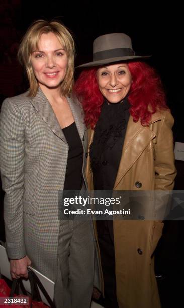 Actress Kim Cattrall with designer Patricia Field at the Oscar De La Renta Fall 2002 fashion show at Bryant Park during the Mercedes-Benz Fashion...