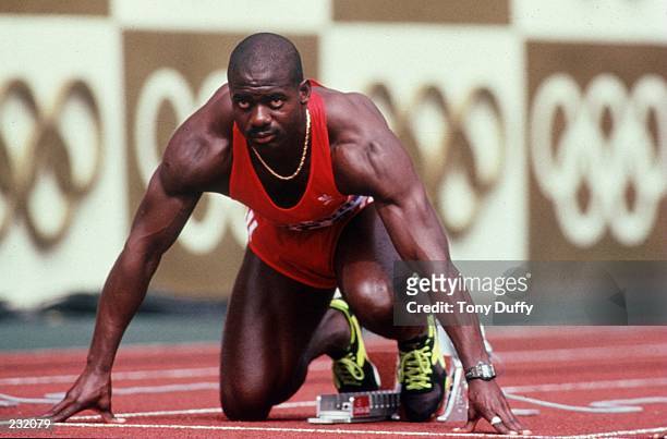 Ben Johnson of Canada is set in his block prior to the start of the men''s 100M Final at the 1988 Olympic Games in Seoul, Korea. Mandatory Credit:...