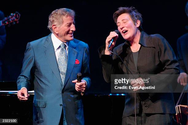 Tony Bennett and K.D. Lang performing at the Democratic National Committee's "A Night at the Apollo" voter registration drive & fund-raiser at The...