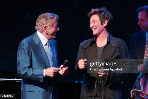 Tony Bennett and K.D. Lang performing at the Democratic National Committee's "A Night at the Apollo" voter registration drive & fund-raiser at The...