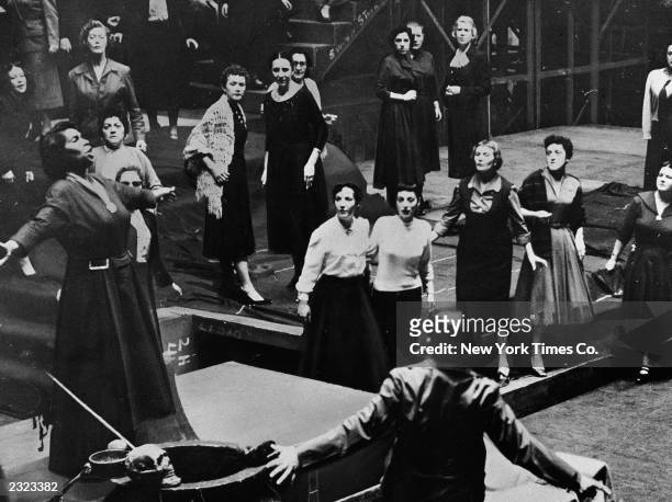 Marian Anderson rehearses for "Un Ballo in Maschera" by Verdi at the Metropolitan Opera House, New York City, 1954.