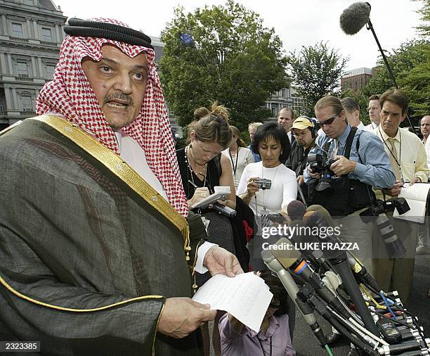 Saudi Arabia's Foreign Minister Prince Saud al-Faisal speaks to reporters at the White House in Washington, DC, 29 July after meeting with US...